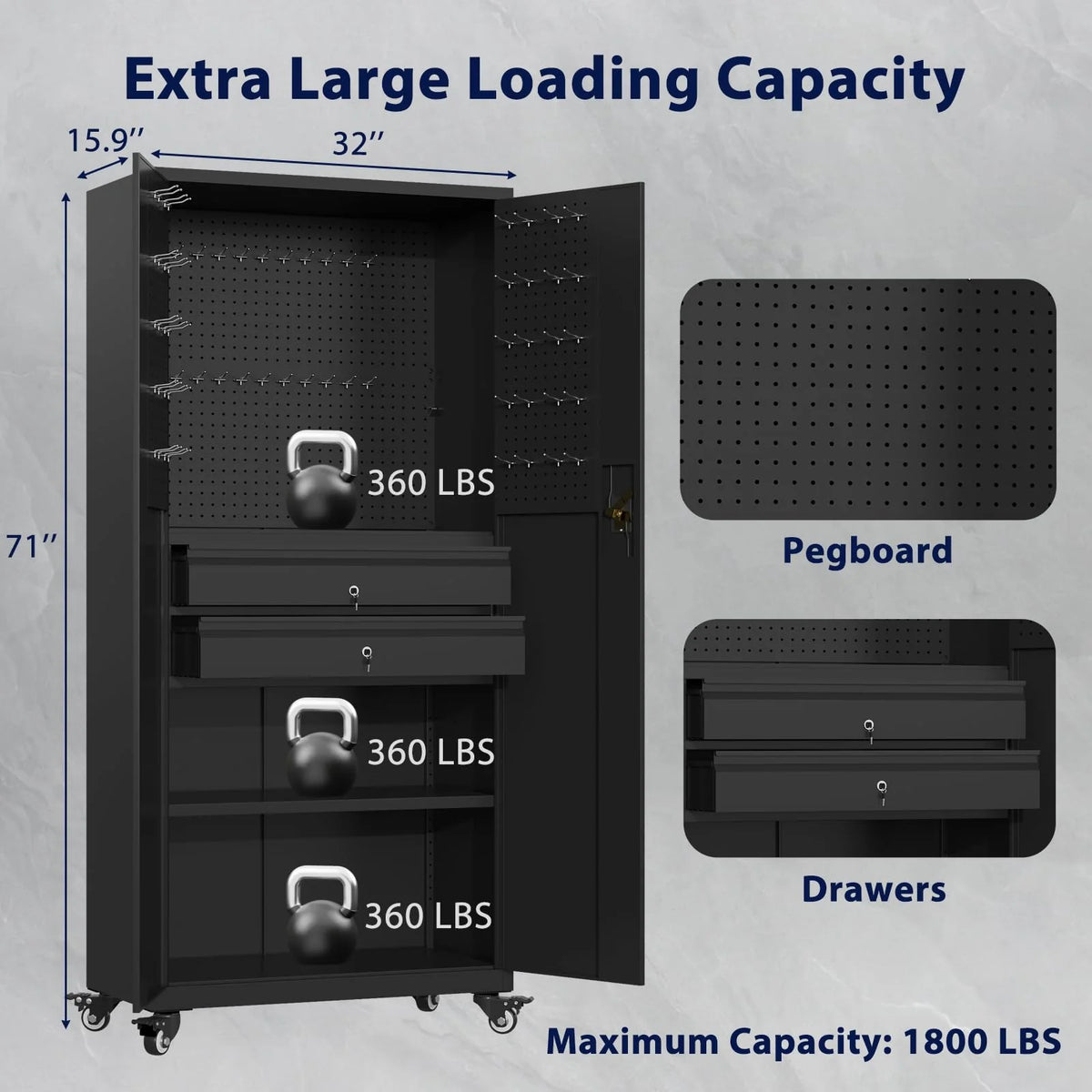 AECOJOY 71" Metal Garage Storage Cabinet with Drawers and Wheel
