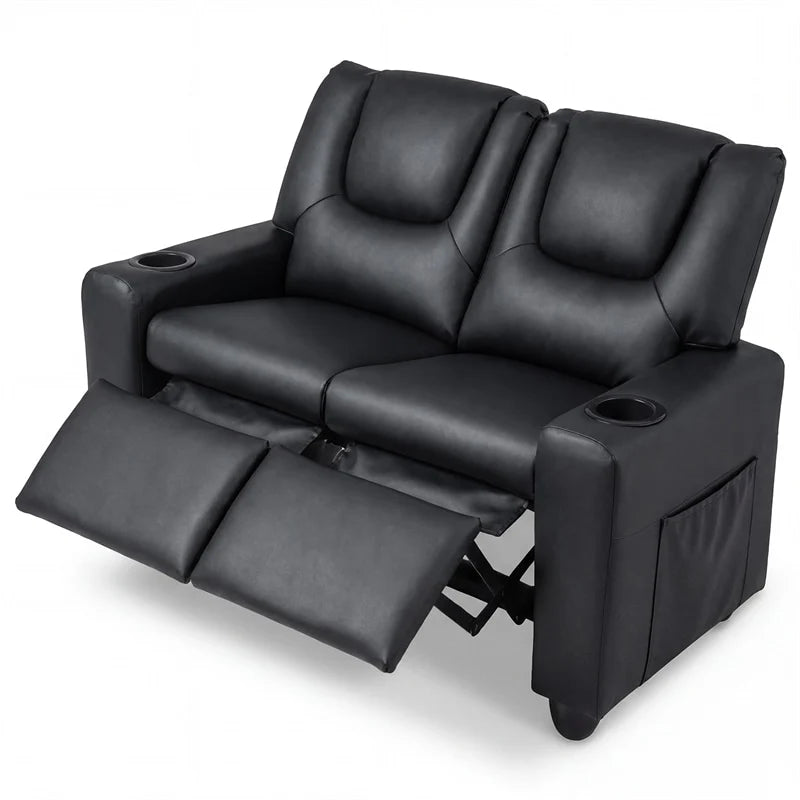 2-Seater Kids Recliner, PU Leather Reclining Loveseat with Cup Holders & 2 Side Storage Pockets, Adjustable Double Toddler Sofa for Boys Girls