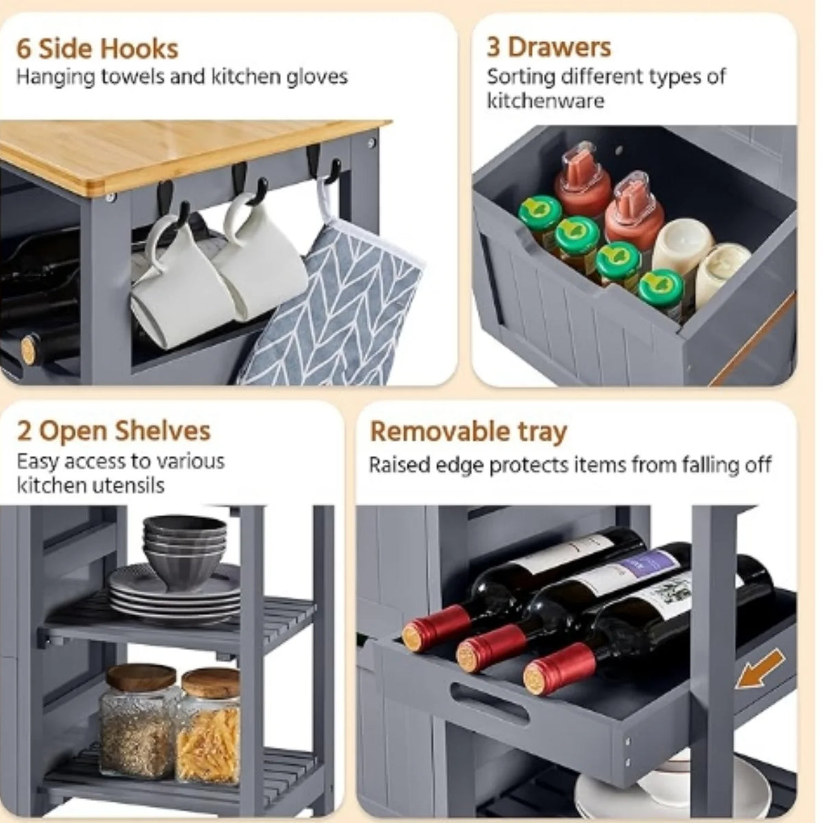 Kitchen Island Cart on Wheels with Storage, Solid Wood Top, 3 Drawers and Removable Shelves, Rolling Utility Cart, Dark Gray