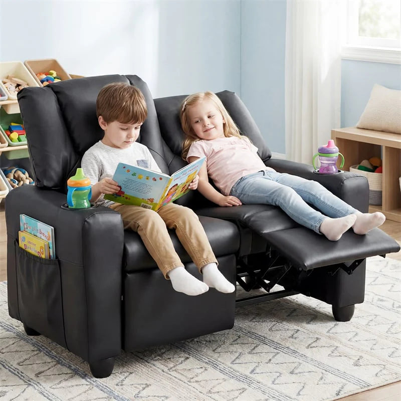 2-Seater Kids Recliner, PU Leather Reclining Loveseat with Cup Holders & 2 Side Storage Pockets, Adjustable Double Toddler Sofa for Boys Girls