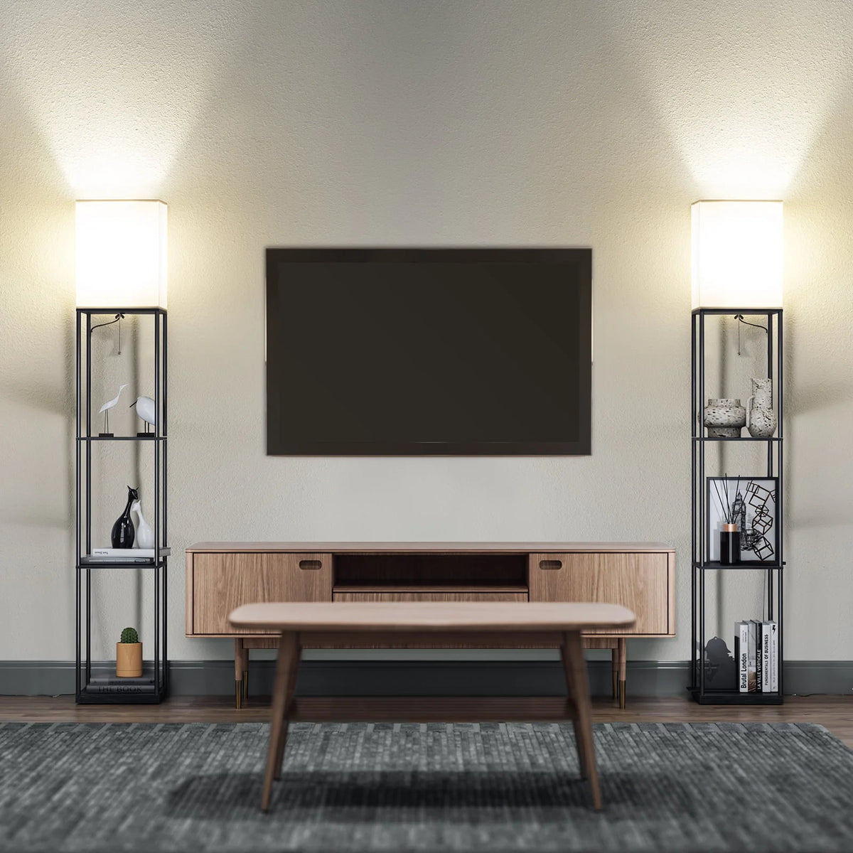 Modern Iron Shelf Floor Lamp with 3 Way Dimmable LED Bulb, Shelves and White Shade for Living Room and Bedroom(Black)