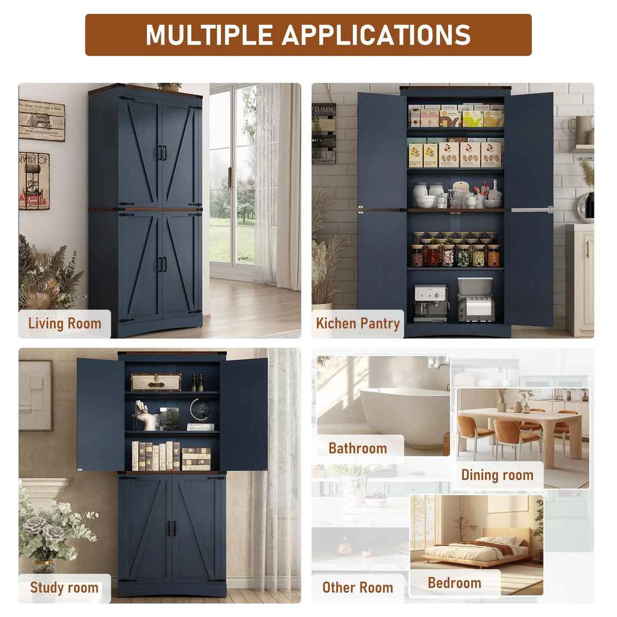 71" Tall Farmhouse Kitchen Pantry Cabinet, 5 Layers Storage Cabinet with Adjustable Shelves, Farmhouse Pantry Cabinet with 4 Barn Doors
