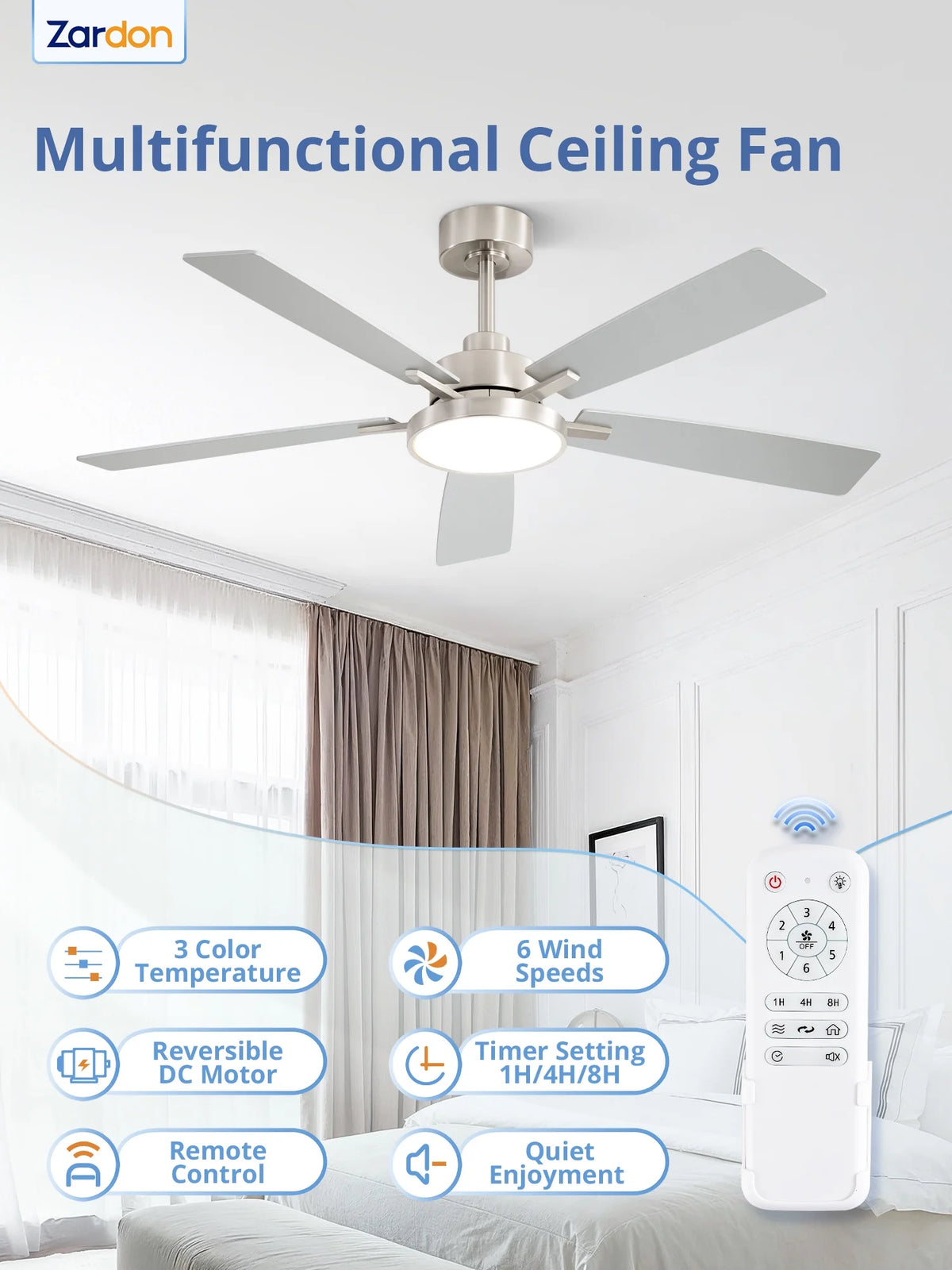Zardon 52 in Black Ceiling Fan with LED Light and Remote, Downrod 6-Speed and Quiet Reversible DC Motor for Bedroom, Living Room, Indoor