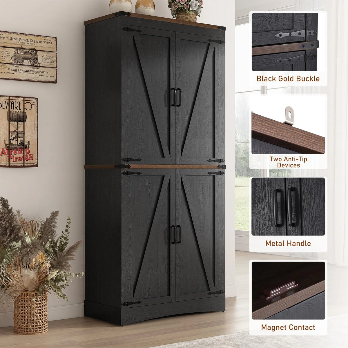 71" Tall Farmhouse Kitchen Pantry Cabinet, 5 Layers Storage Cabinet with Adjustable Shelves, Farmhouse Pantry Cabinet with 4 Barn Doors