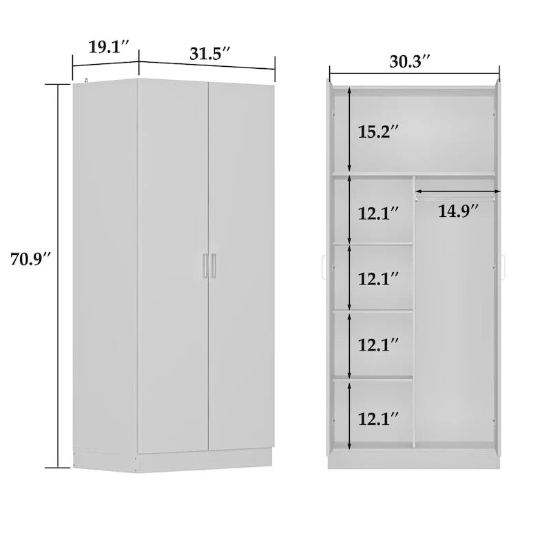 Freestanding 2 - Door Bedroom Armoire with Hanging Rod