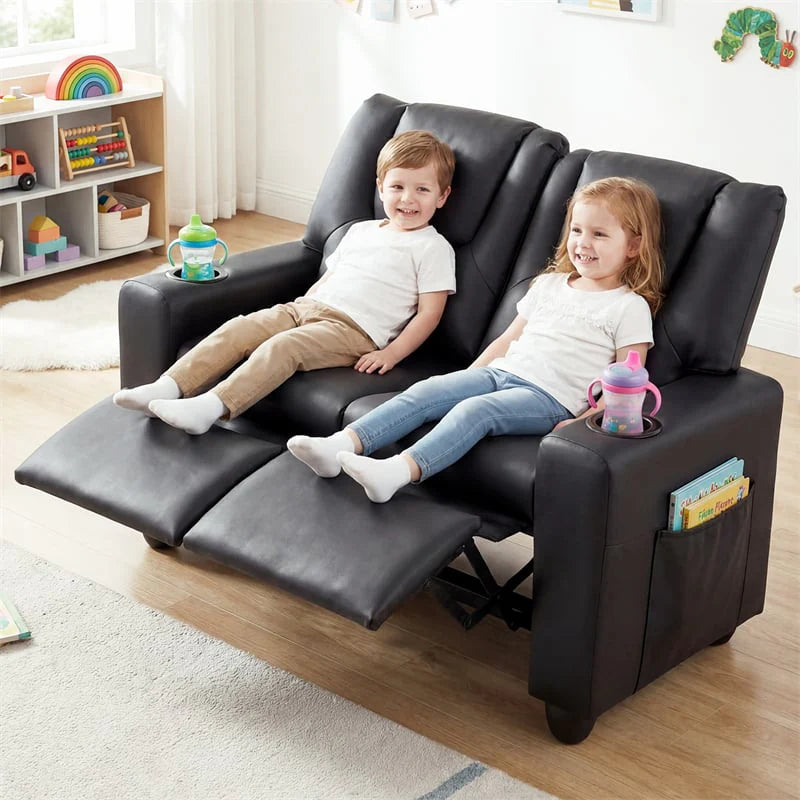 2-Seater Kids Recliner, PU Leather Reclining Loveseat with Cup Holders & 2 Side Storage Pockets, Adjustable Double Toddler Sofa for Boys Girls