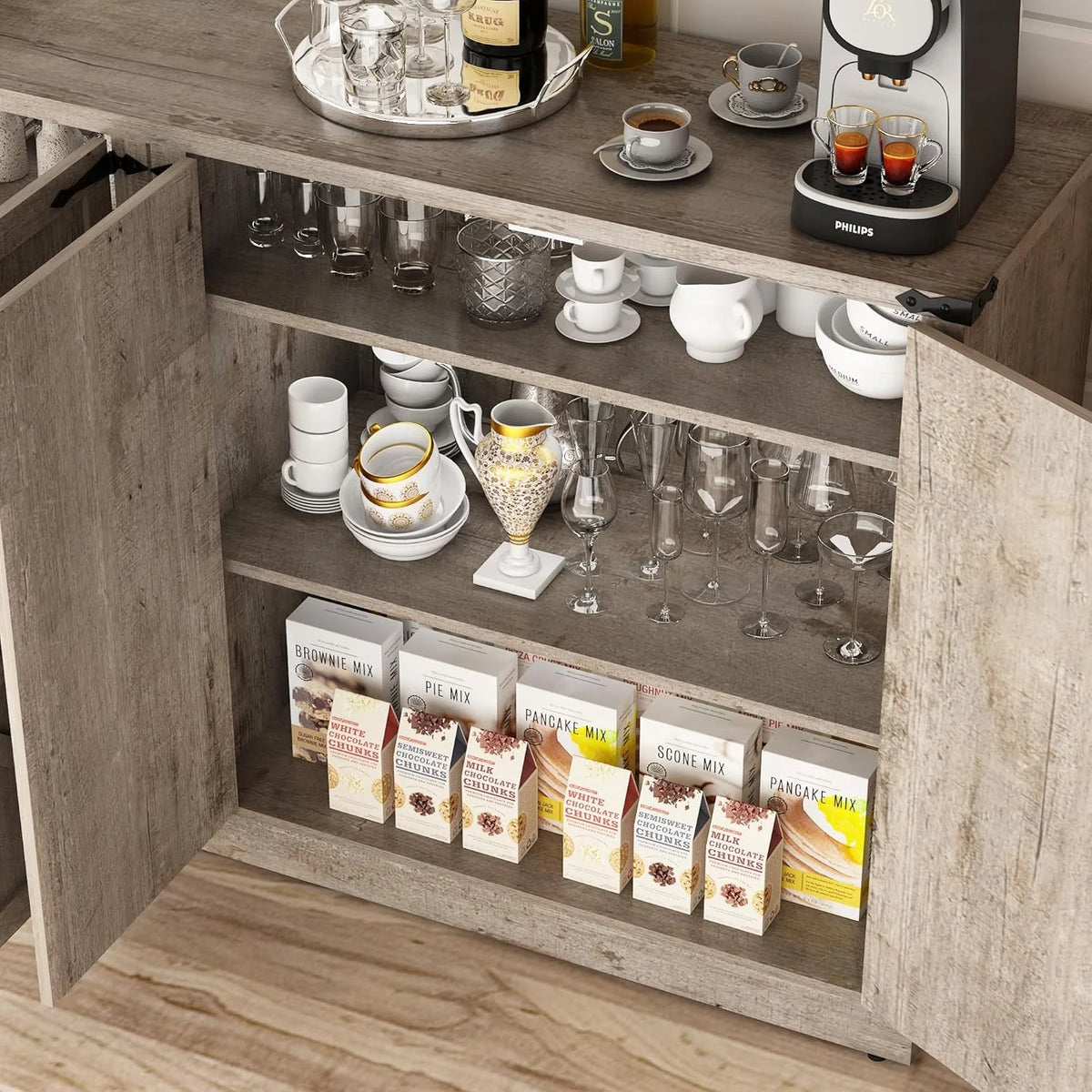 71" Tall Farmhouse Kitchen Pantry Cabinet, 5 Layers Storage Cabinet with Adjustable Shelves, Farmhouse Pantry Cabinet with 4 Barn Doors