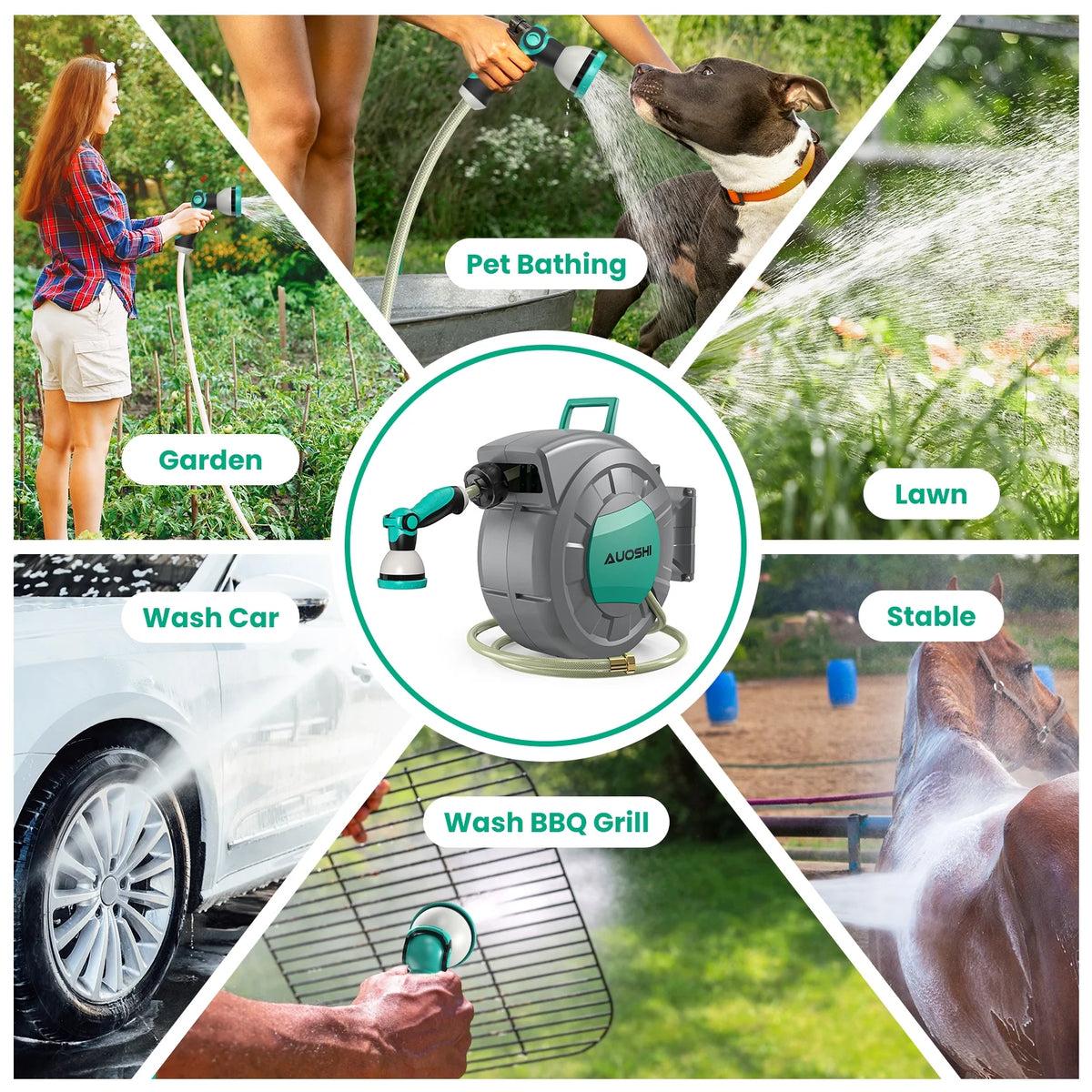 AUOSHI Retractable Garden Hose Reel 1/2" 100ft Automatic Hose Reel with 10 Function Sprayer Nozzle Wall Mount 180 Deg Swivel Bracket Hose Reel