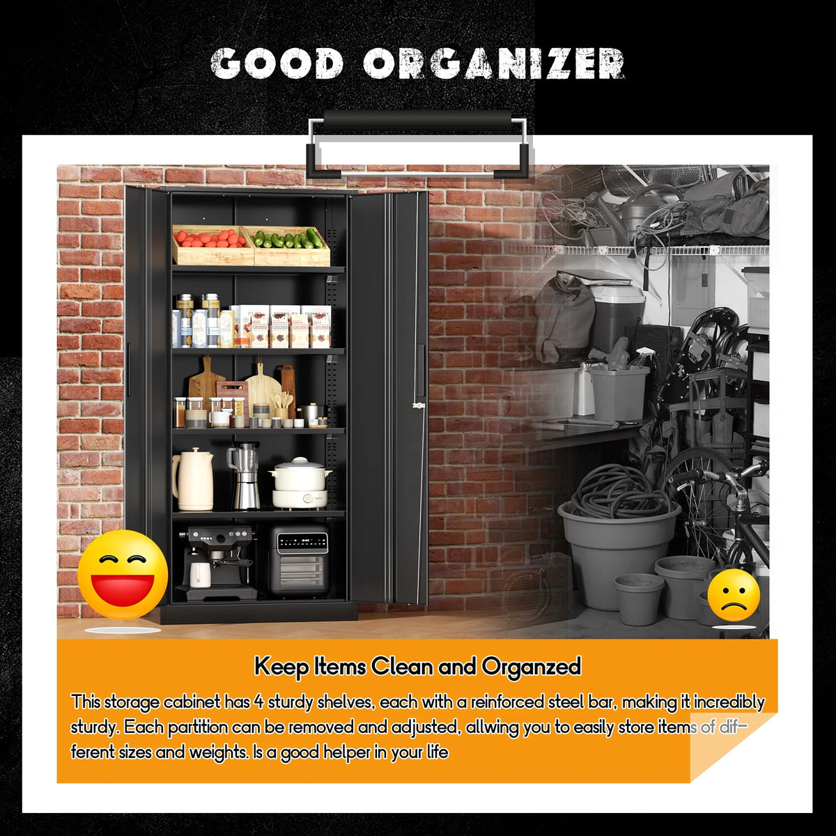 SOLAURA 71" Metal Garage Storage Cabinet with Locking Doors and Adjustable Shelves for Home, Office(Black)