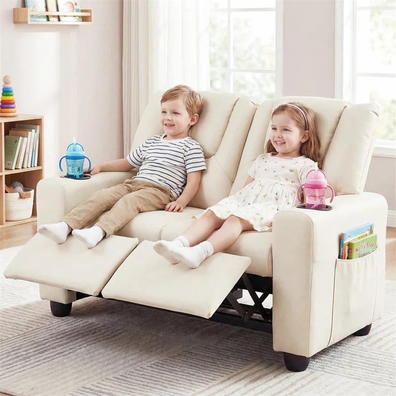 2-Seater Kids Recliner, PU Leather Reclining Loveseat with Cup Holders & 2 Side Storage Pockets, Adjustable Double Toddler Sofa for Boys Girls