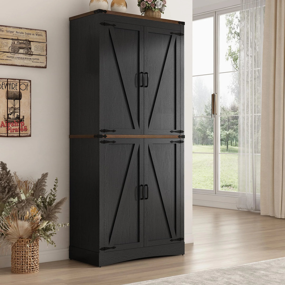 71" Tall Farmhouse Kitchen Pantry Cabinet, 5 Layers Storage Cabinet with Adjustable Shelves, Farmhouse Pantry Cabinet with 4 Barn Doors