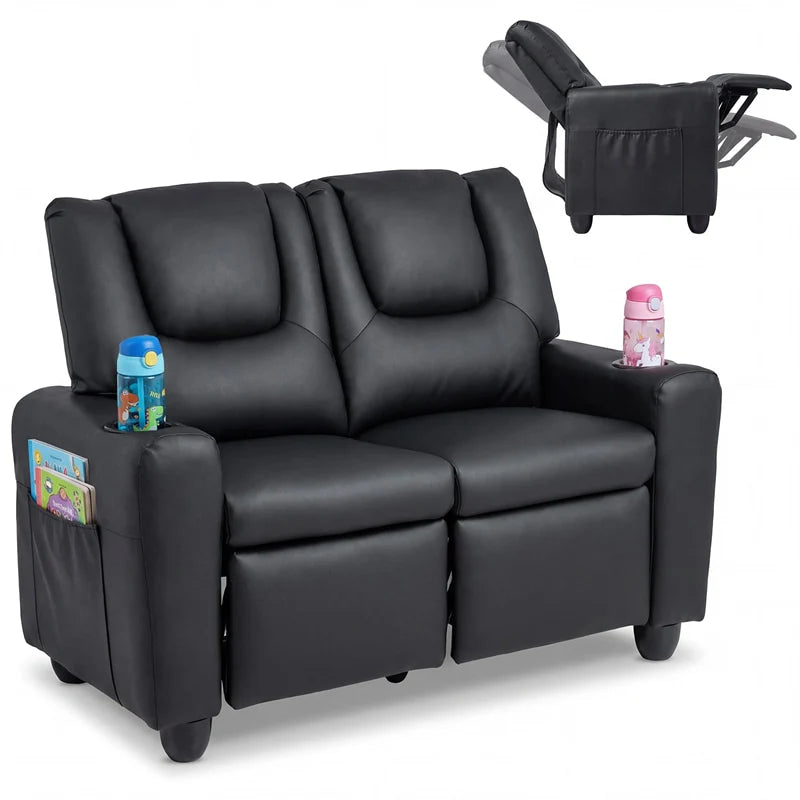 2-Seater Kids Recliner, PU Leather Reclining Loveseat with Cup Holders & 2 Side Storage Pockets, Adjustable Double Toddler Sofa for Boys Girls