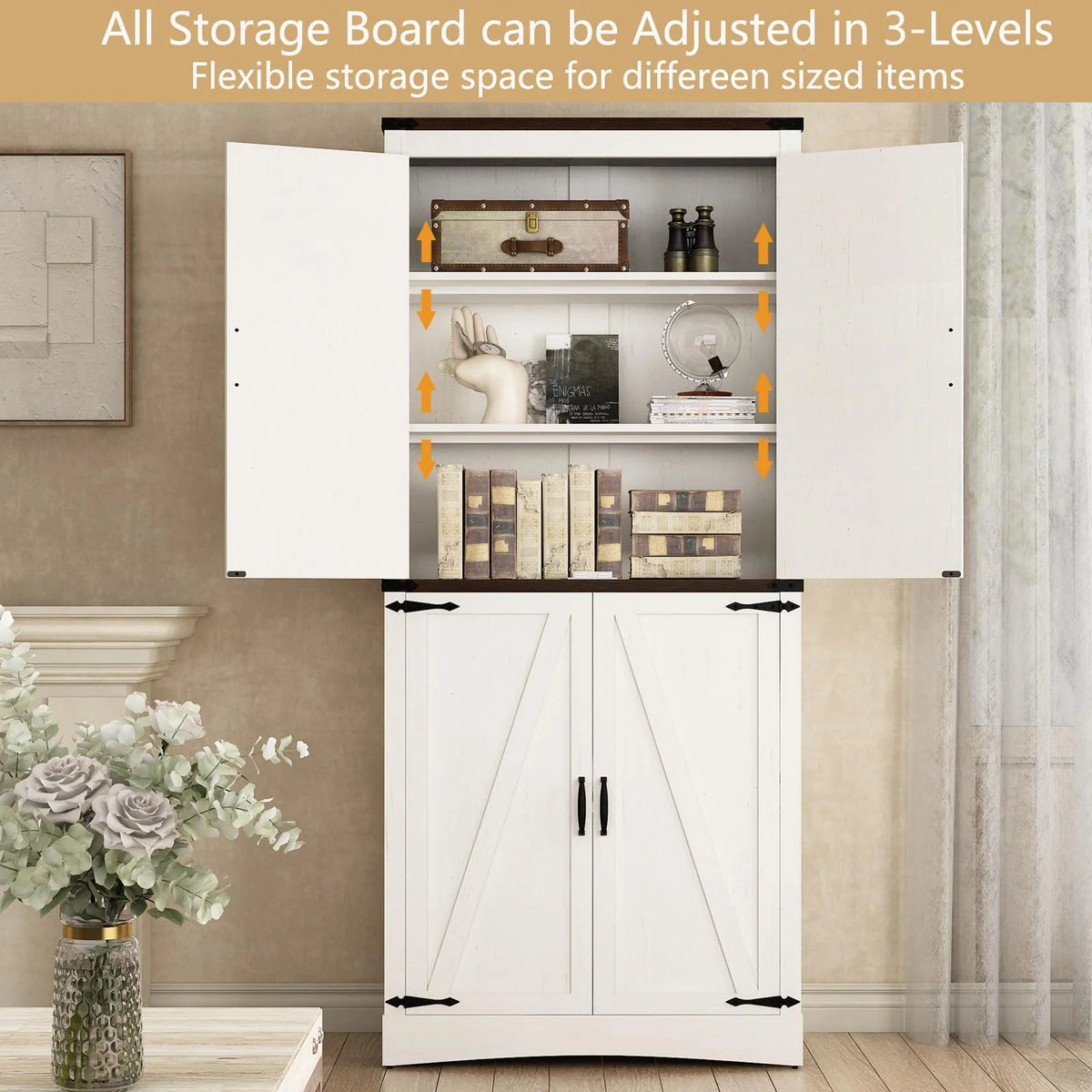 71" Tall Farmhouse Kitchen Pantry Cabinet, 5 Layers Storage Cabinet with Adjustable Shelves, Farmhouse Pantry Cabinet with 4 Barn Doors