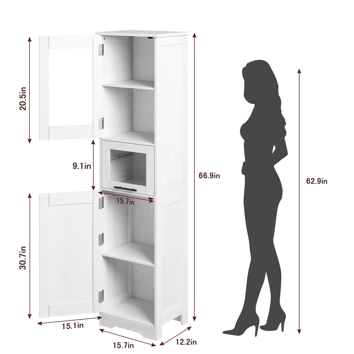 Bathroom Cabinet, Tall Storage Cabinet with Doors and Adjustable Shelf, Freestanding Floor Pantry Cabinet