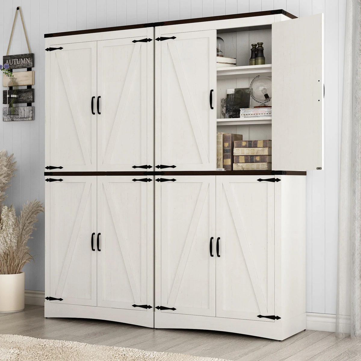 71" Tall Farmhouse Kitchen Pantry Cabinet, 5 Layers Storage Cabinet with Adjustable Shelves, Farmhouse Pantry Cabinet with 4 Barn Doors